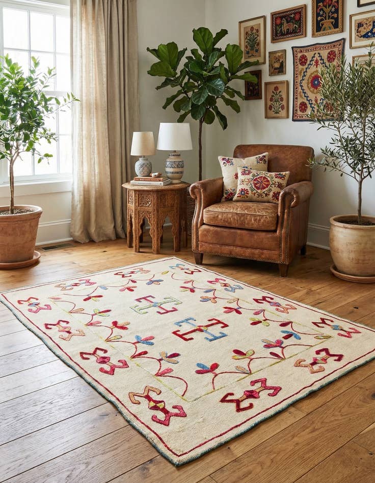 Detail image of 4' x 5' 8 Hand Woven Kilim Suzani Wool Rug