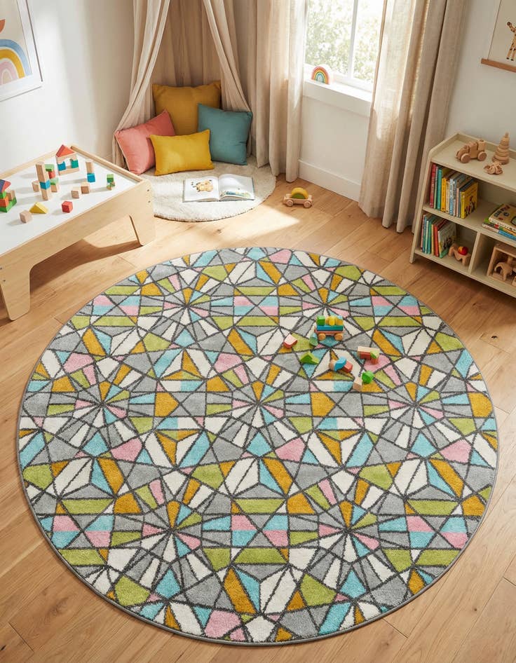 Detail image of 6' 1 x 6' 1 Stained Glass Whimsy Kids Round Rug
