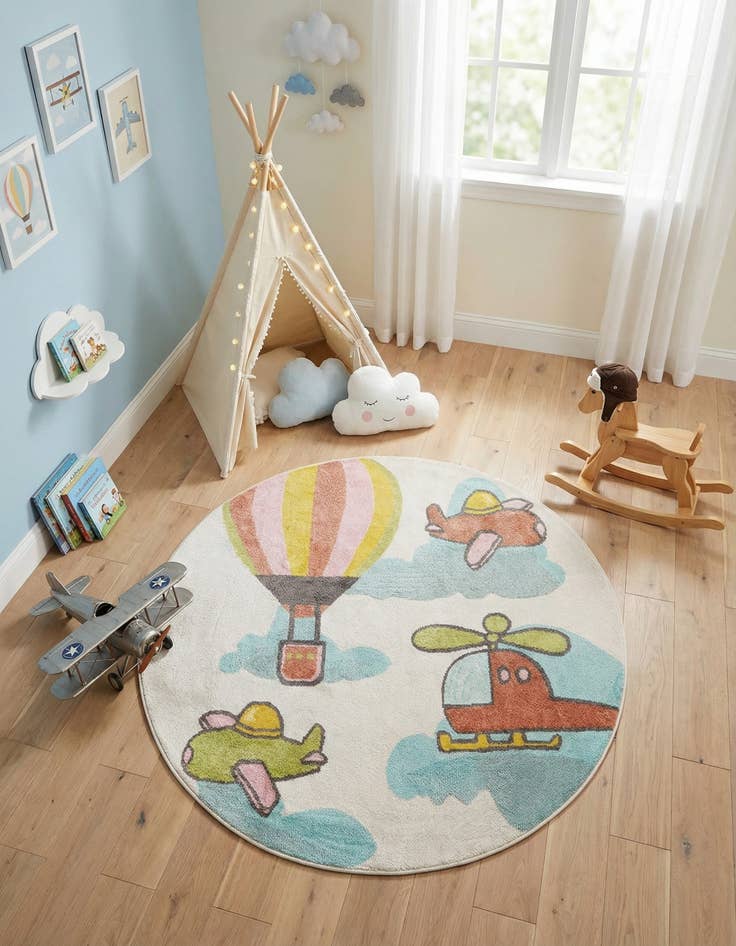 Detail image of 5' 3 x 5' 3 Airplanes Whimsy Kids Round Rug