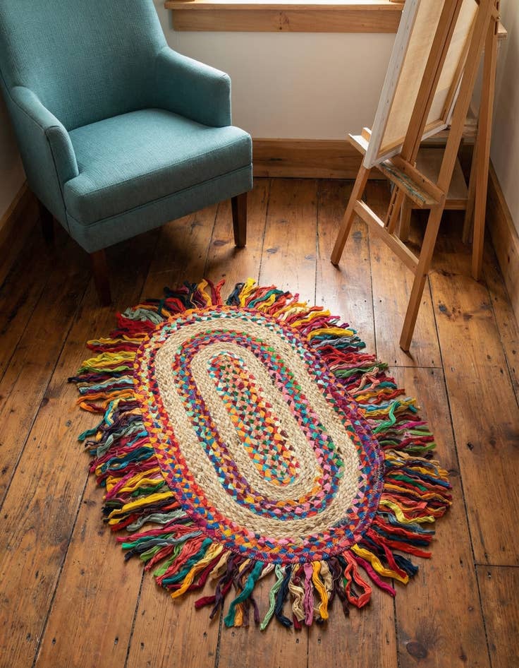 Detail image of  2' x 3' 1  Hand Braided Chindi Jute Oval Rug