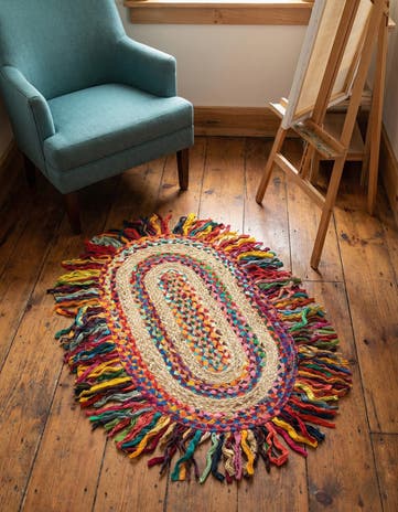 2' x 3' 1 Hand Braided Chindi Jute Oval Rug