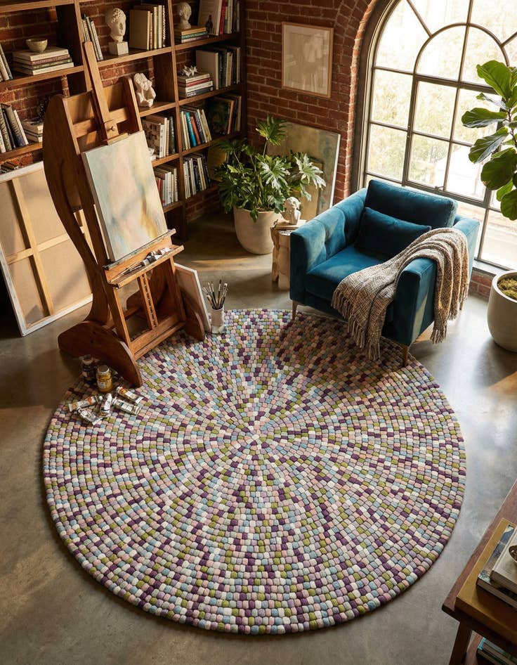Detail image of 7' 10 x 7' 10 Hand Woven Felt Ball Wool Round Rug