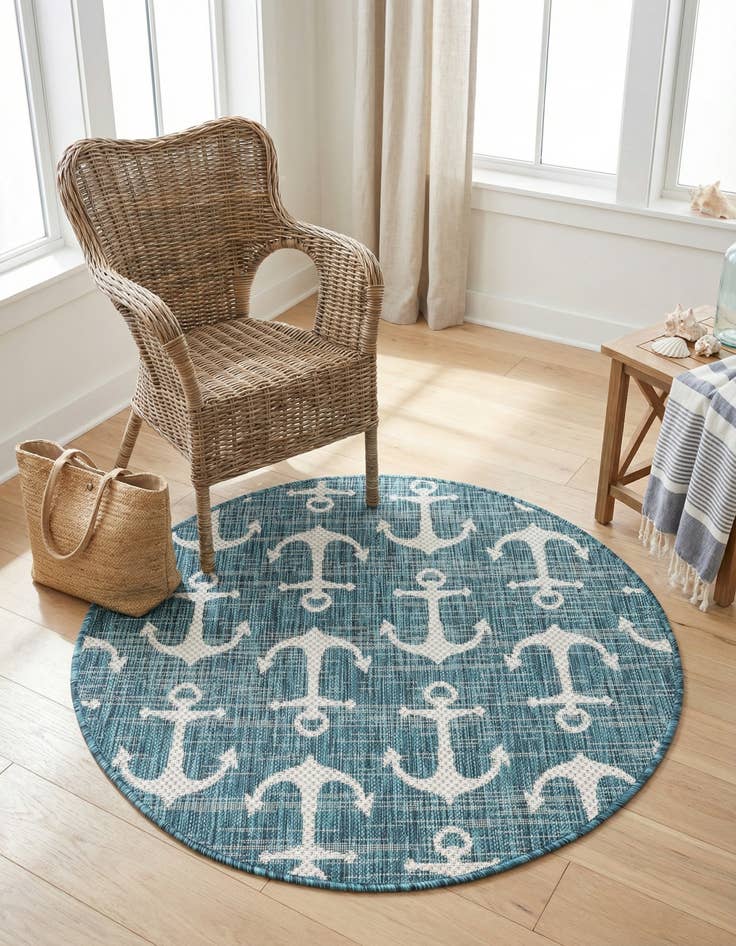 Detail image of 3' x 3' Washable Coastal Indoor / Outdoor Round Rug