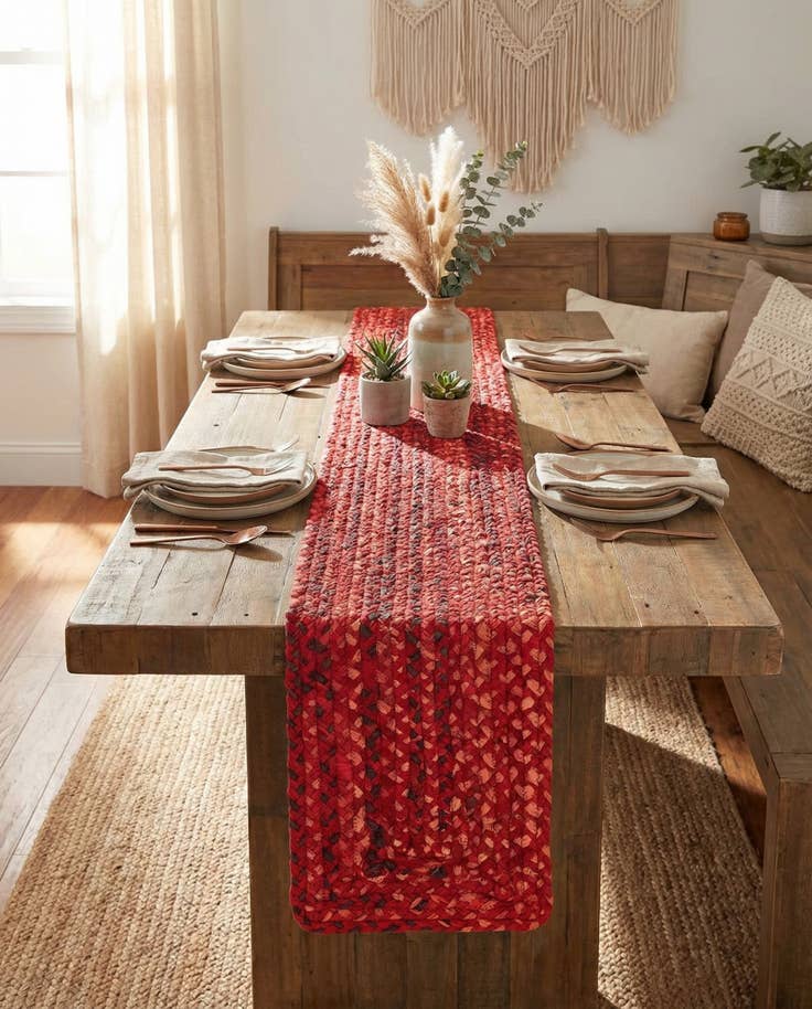 Detail image of 1' 2 x 6' 1 Handmade Braided Chindi Table Runner Rug