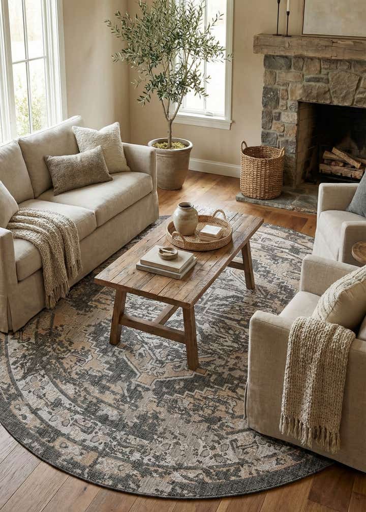 10' x 10' Easy-Clean Traditional Indoor / Outdoor Round Rug