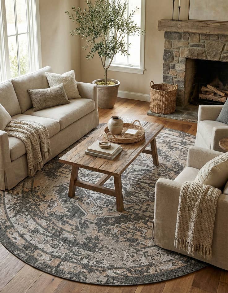 Detail image of 10' x 10' Easy-Clean Traditional Indoor / Outdoor Round Rug