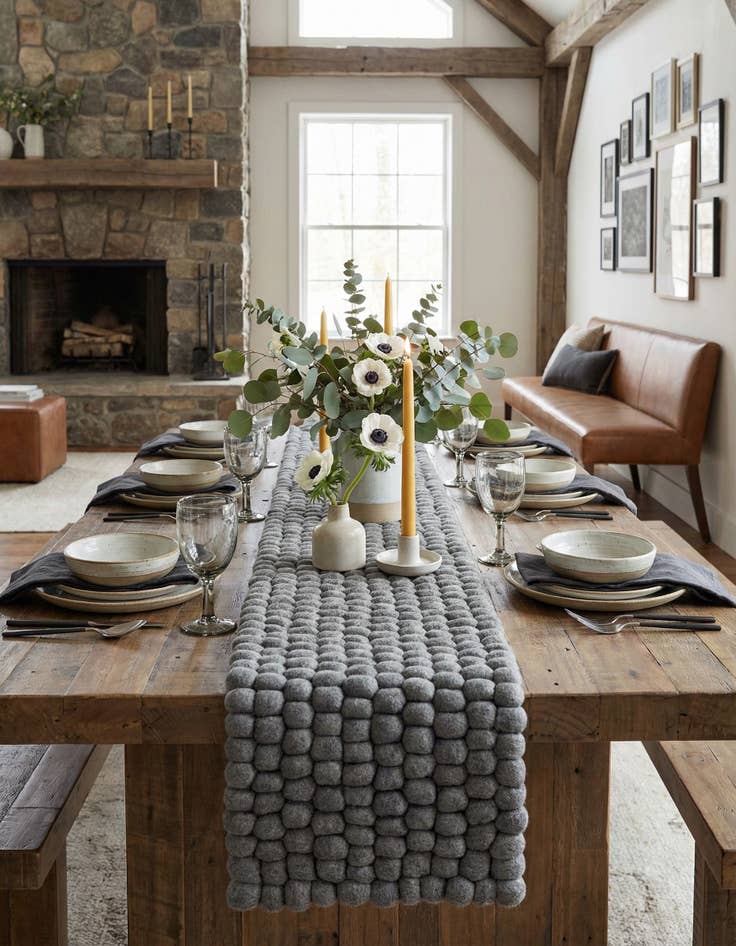 Detail image of 1' 2 x 6' 1 Hand Woven Felt Ball Wool Table Runner Rug