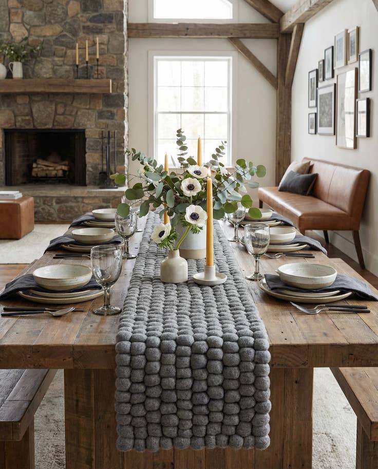 Detail image of 1' 2 x 6' 1 Hand Woven Felt Ball Wool Table Runner Rug