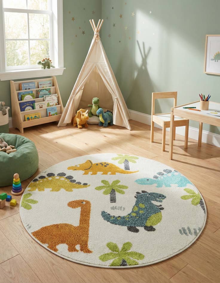 Detail image of 3' 3 x 3' 3 Dinosaur Whimsy Kids Round Rug