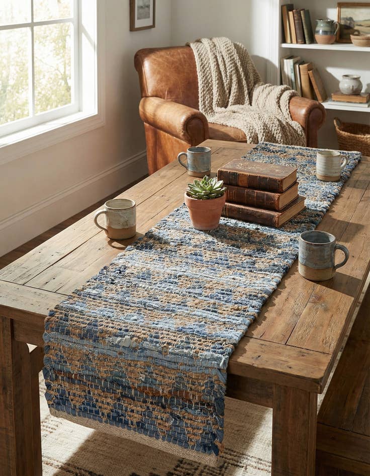 Detail image of 1' 2 x 4' 1 Hand Woven Chindi Jute Table Runner Rug