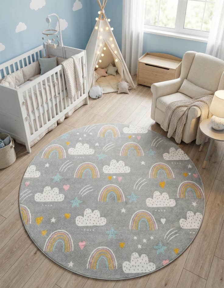 Detail image of 7' 10 x 7' 10 Clouds and Rainbows Whimsy Kids Round Rug