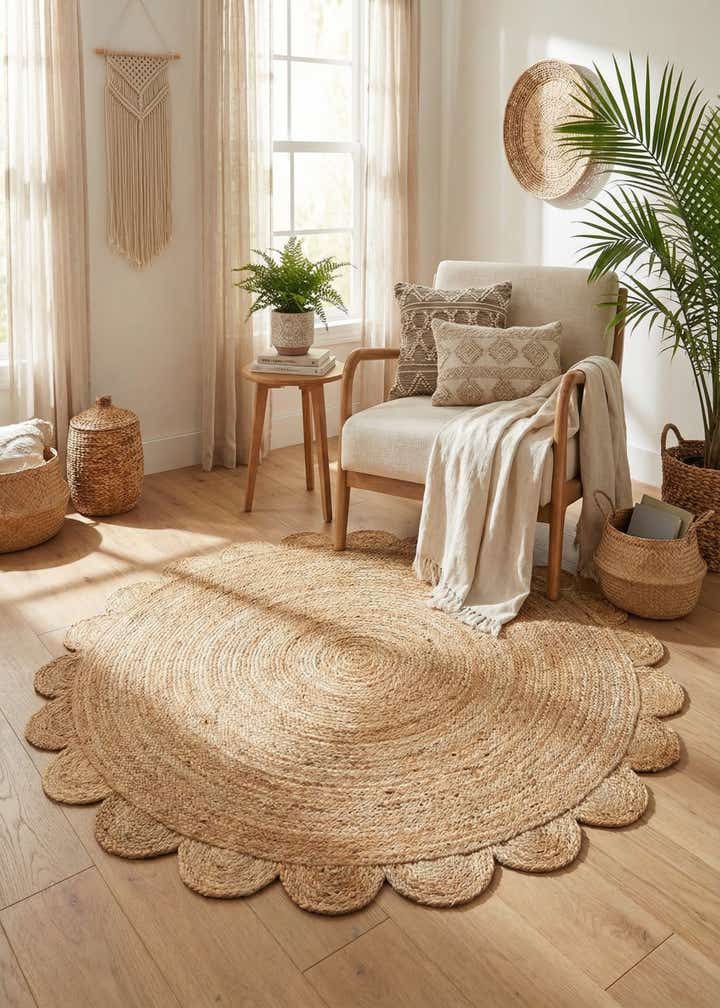 5' 1 x 5' 1 Hand Woven Scallop Braided Jute Round Rug