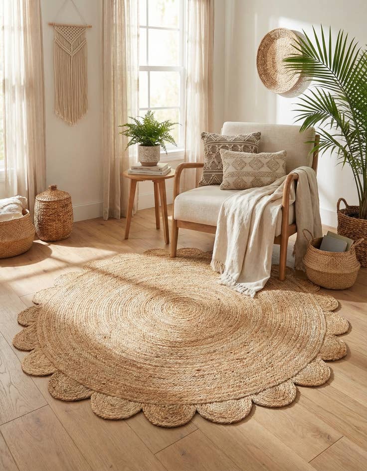 Detail image of 5' 1 x 5' 1 Hand Woven Scallop Braided Jute Round Rug