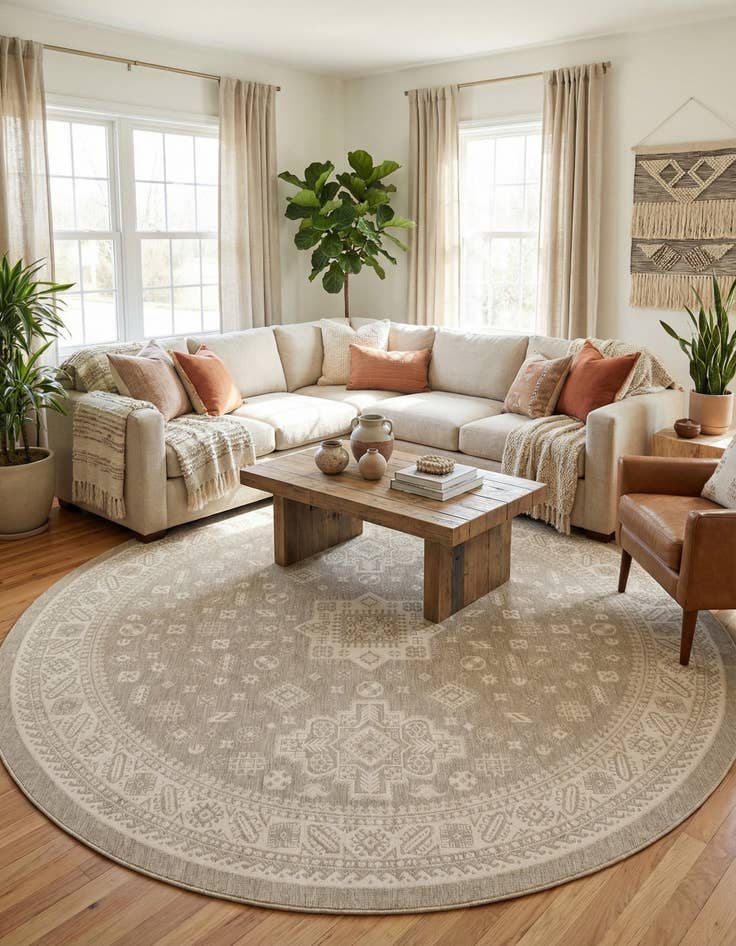 Detail image of 13' x 13'  Washable Aztec Indoor / Outdoor Round Rug