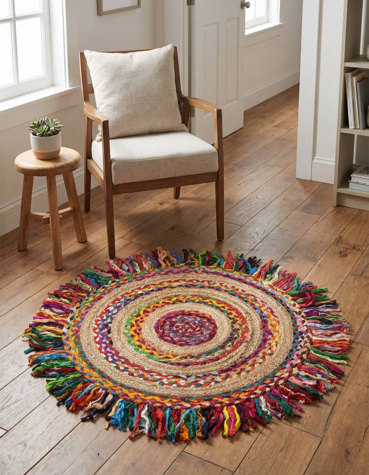 Detail image of 3' 1 x 3' 1  Hand Braided Chindi Jute Round Rug