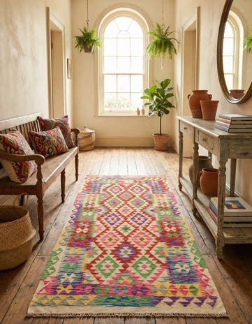 3' 4 x 6' 3 Hand Woven Kilim Maymana Wool Runner Rug