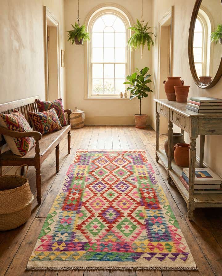 3' 4 x 6' 3 Hand Woven Kilim Maymana Wool Runner Rug