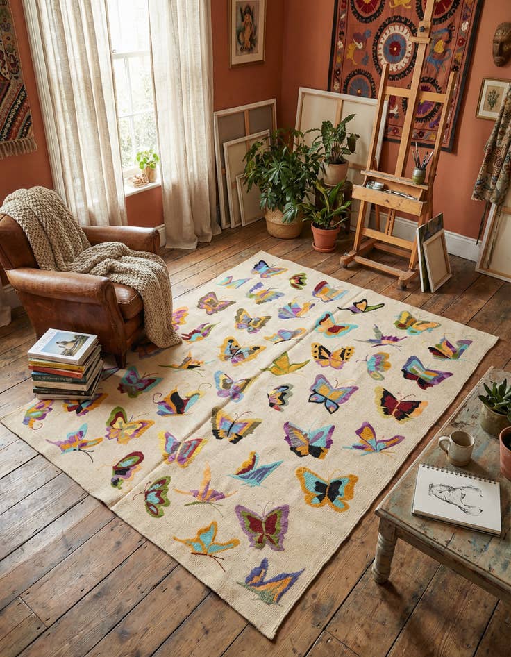 Detail image of 5' 2 x 6' 4 Hand Woven Kilim Suzani Wool Square Rug