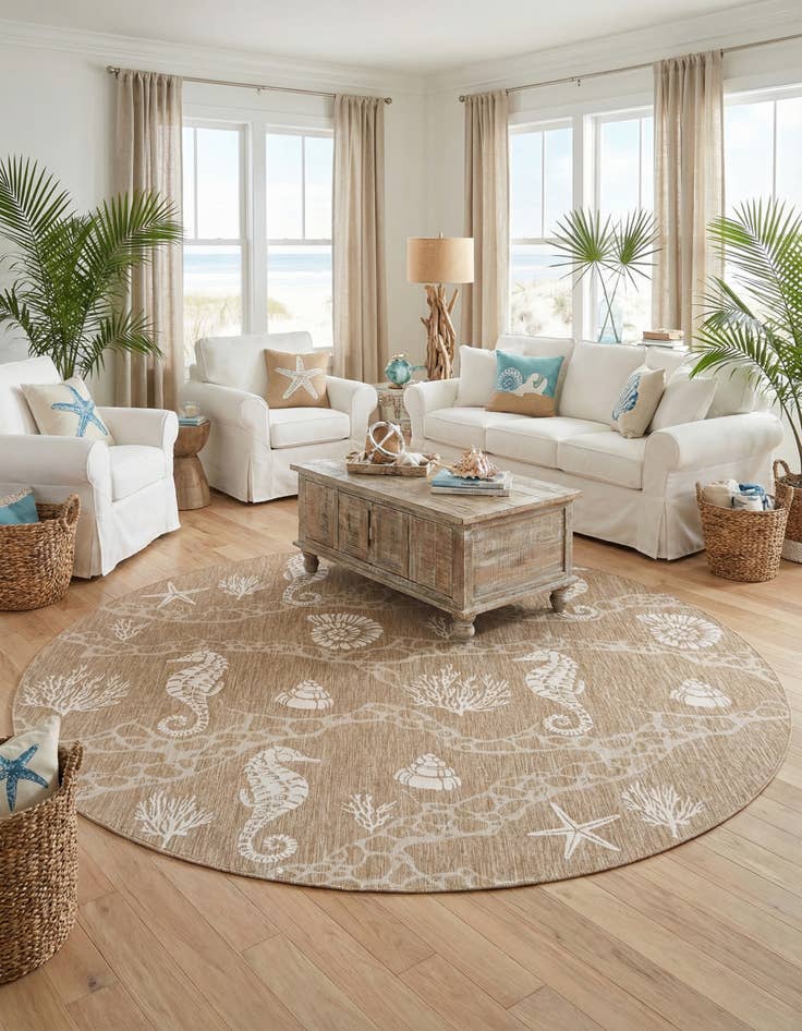 Detail image of 12' x 12'  Washable Coastal Indoor / Outdoor Round Rug