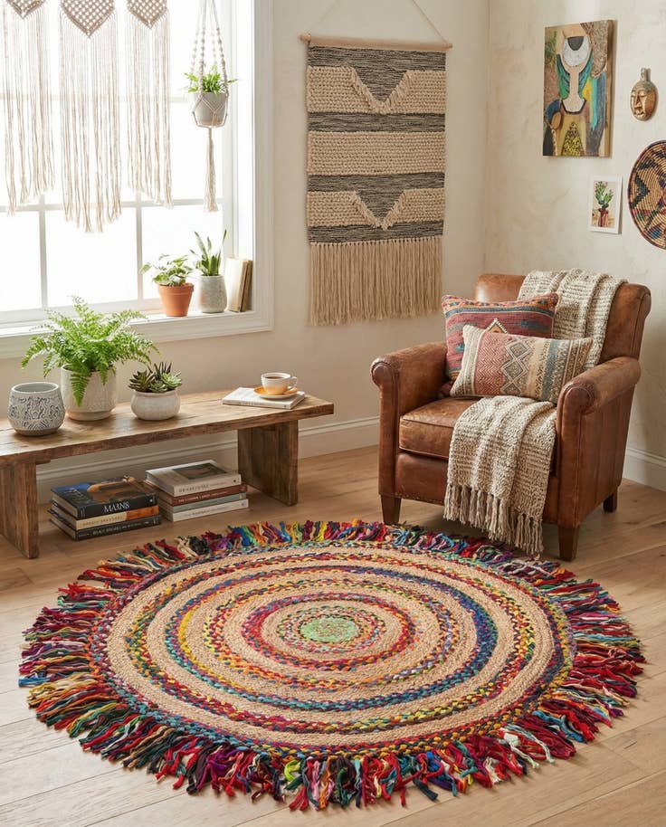 Detail image of 5' 1 x 5' 1 Hand Braided Chindi Jute Round Rug
