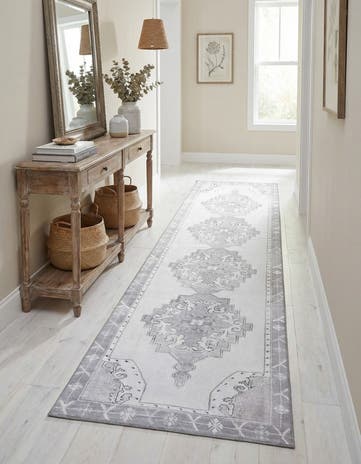 white Gray Washable Timeless Runner Rug