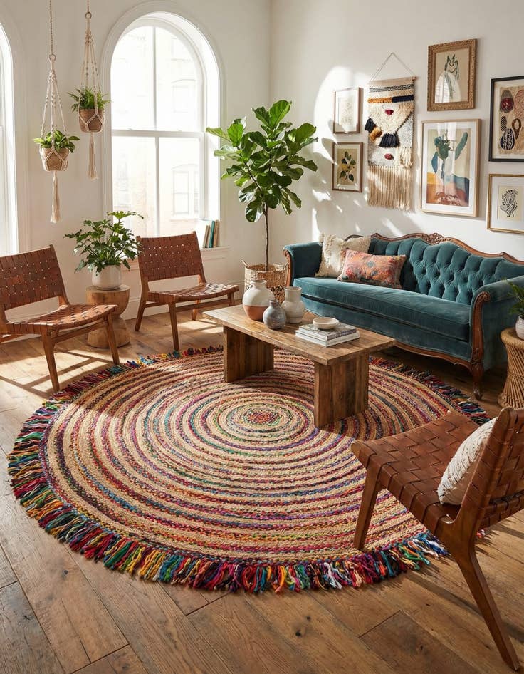 Detail image of  10' x 10'  Hand Braided Chindi Jute Round Rug