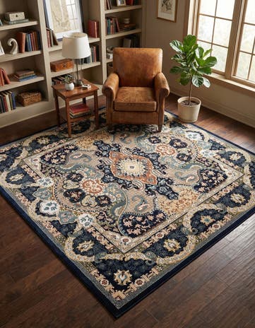 Navy Blue Nain Design Square Rug