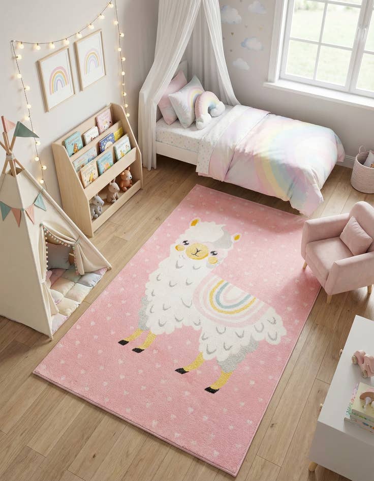 Detail image of  5' 3 x 8' Llama Whimsy Kids Rug