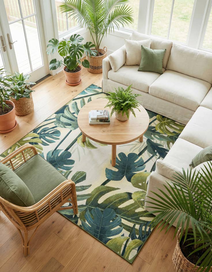 Detail image of 7' 10 x 7' 10 Washable Botanical Indoor / Outdoor Square Rug