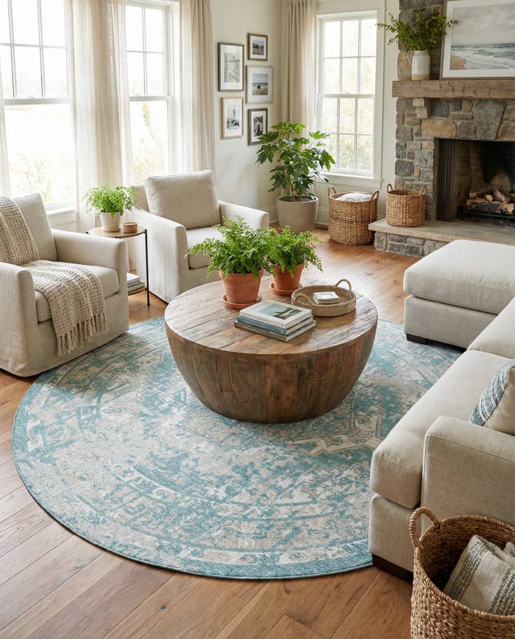 Detail image of 10' x 10' Easy-Clean Traditional Indoor / Outdoor Round Rug