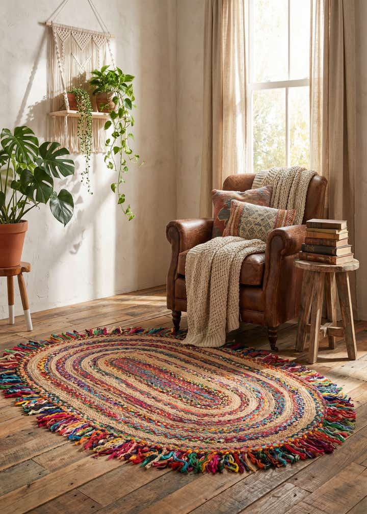 4' 1 x 6' 1 Hand Braided Chindi Jute Oval Rug