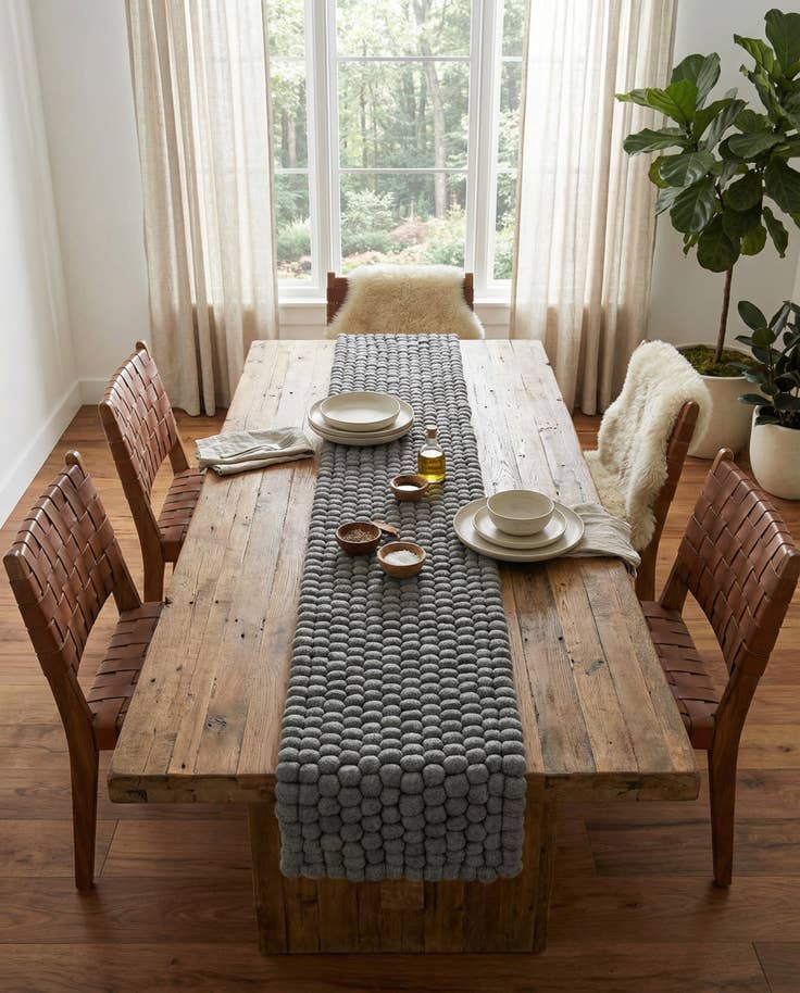 Detail image of 1' 2 x 8' Hand Woven Felt Ball Wool Table Runner Rug