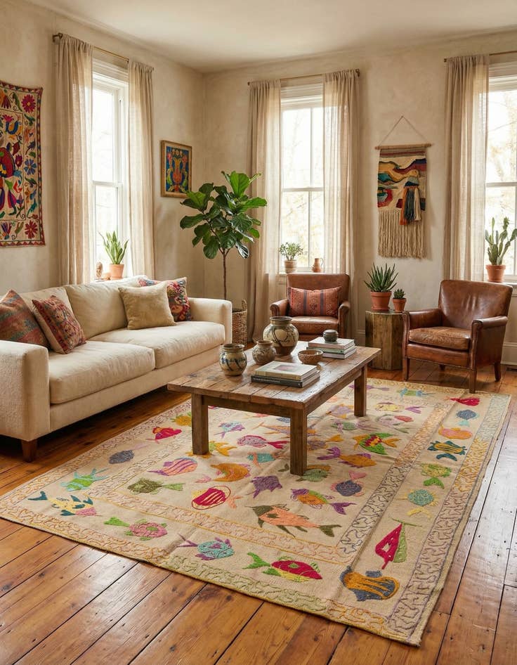 Detail image of 4' 9 x 6' 7 Hand Woven Kilim Suzani Wool Rug