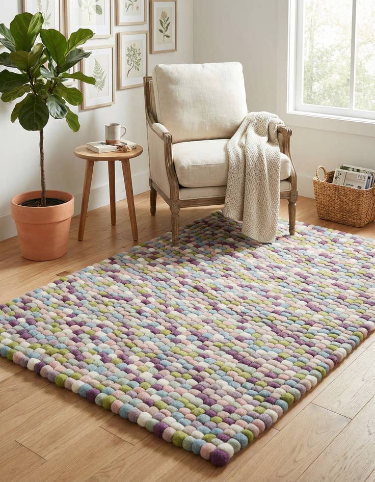 Detail image of 4' 1 x 6' 1 Hand Woven Felt Ball Wool Rug