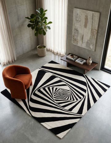 Black and White Vortex Wool Square Rug