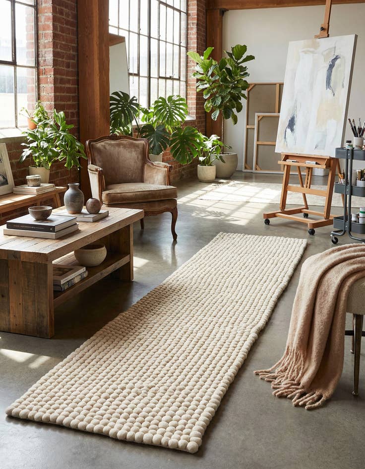 Detail image of 2' 7 x 10'  Hand Woven Felt Ball Wool Runner Rug