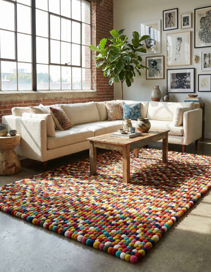 Detail image of 5' 1 x 8' Felt Ball Wool Rug