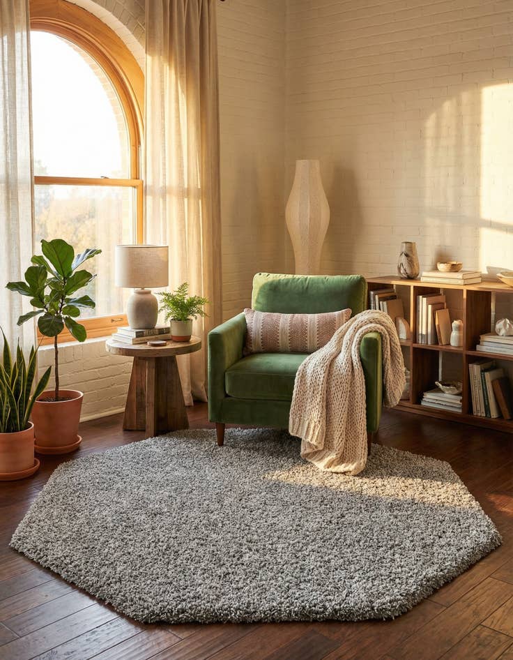 Detail image of  6' x 6' Solid Shag Octagon Rug