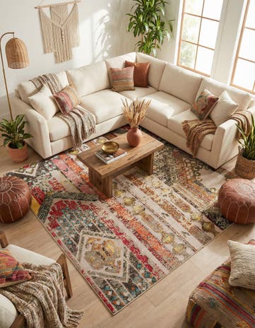 Multi Beige Easy-Clean Casablanca Indoor / Outdoor Square Rug