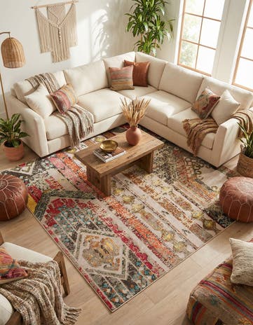 Multi Beige Easy-Clean Casablanca Indoor / Outdoor Square Rug