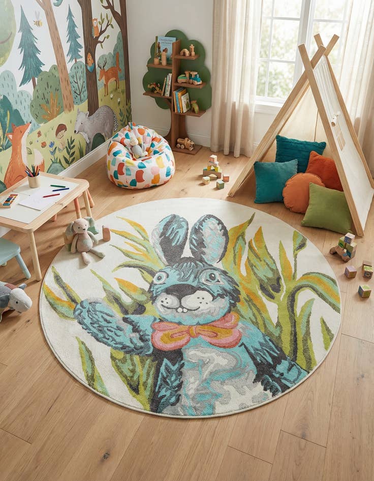 Detail image of 7' 10 x 7' 10 Rabbit Whimsy Kids Round Rug