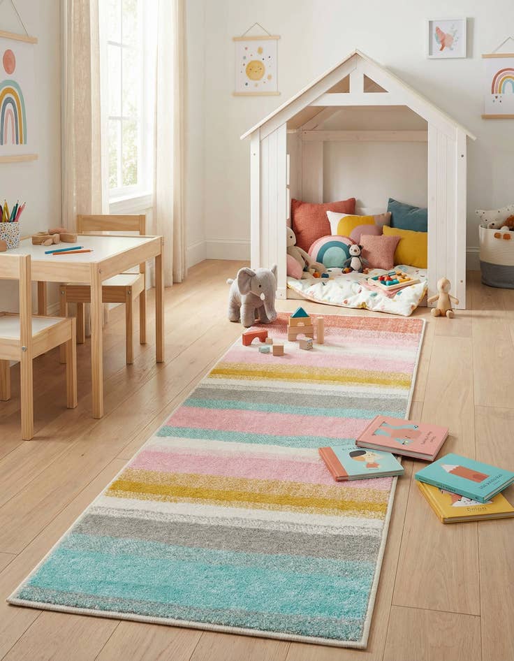 Detail image of 2' x 5' 3 Rainbow Stripes Whimsy Kids Runner Rug
