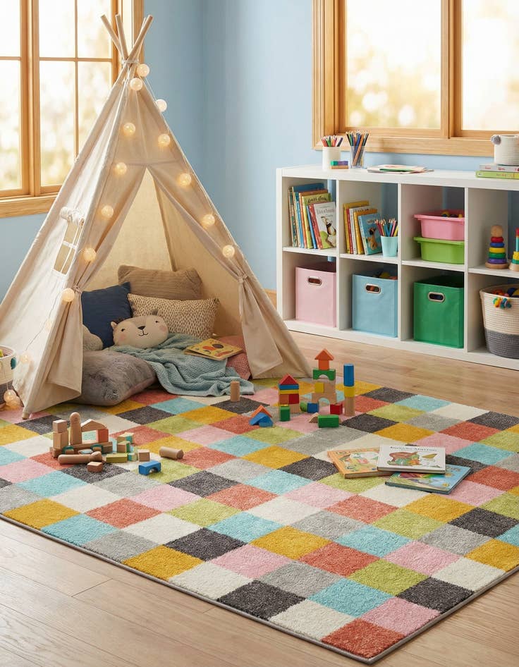 Detail image of 5' 3 x 8' Checkered Whimsy Kids Rug