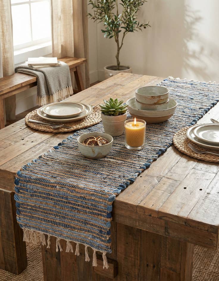 Detail image of 1' 2 x 4' 1 Hand Woven Chindi Jute Table Runner Rug