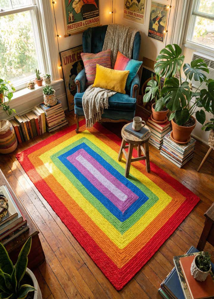 3' 1 x 5' 1 Handmade Hand Braided Rainbow Wool Rug