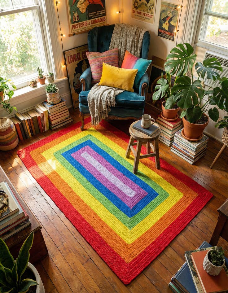 Detail image of 3' 1 x 5' 1 Handmade Hand Braided Rainbow Wool Rug