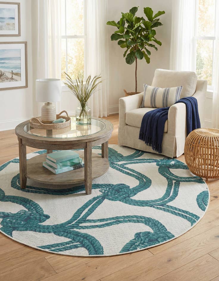 Detail image of 7' x 7' Washable Coastal Indoor / Outdoor Round Rug