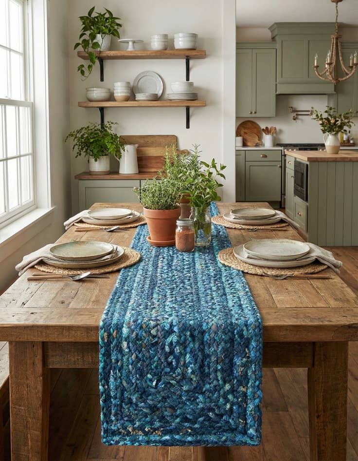 Detail image of 1' 2 x 8'  Hand Braided Chindi Table Runner Rug