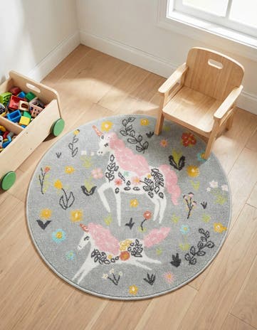 3' 3 x 3' 3 Unicorns Whimsy Kids Round Rug