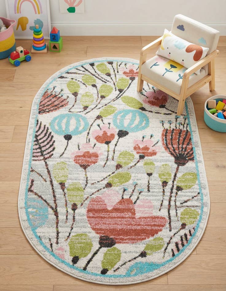 Detail image of 3' 3 x 5' 3 Flowers Whimsy Kids Oval Rug
